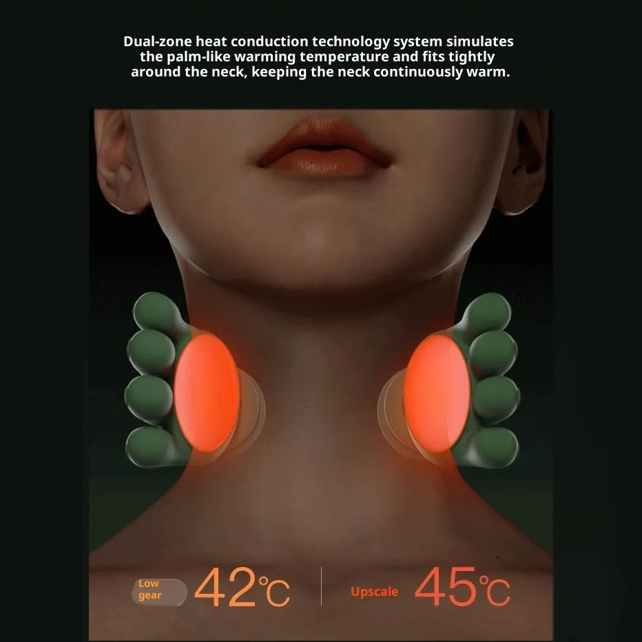 Neck warmer with dual-zone heat conduction technology, showing temperature display on a dark background.