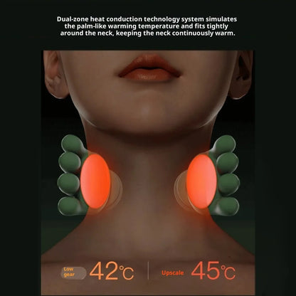 Neck warmer with dual-zone heat conduction technology, showing temperature display on a dark background.